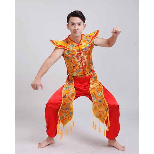 Men's Chinese folk dance costumes dragon traditional yangge drummer stage performance costumes tops and pants